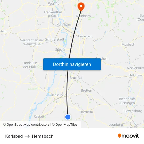 Karlsbad to Hemsbach map