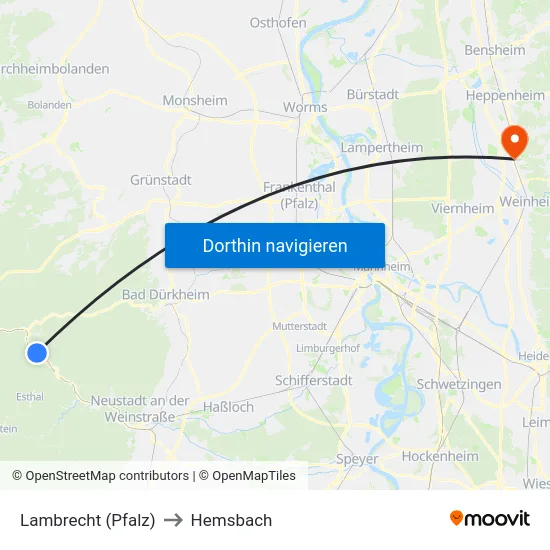 Lambrecht (Pfalz) to Hemsbach map