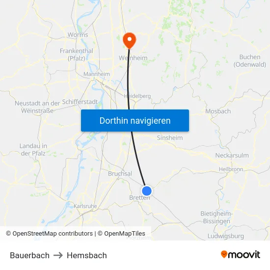 Bauerbach to Hemsbach map