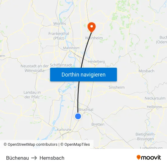Büchenau to Hemsbach map