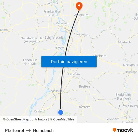 Pfaffenrot to Hemsbach map