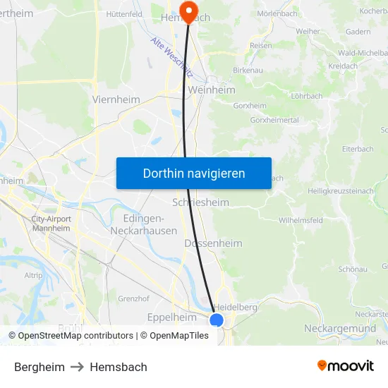 Bergheim to Hemsbach map