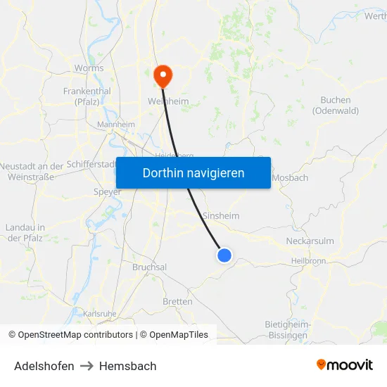 Adelshofen to Hemsbach map