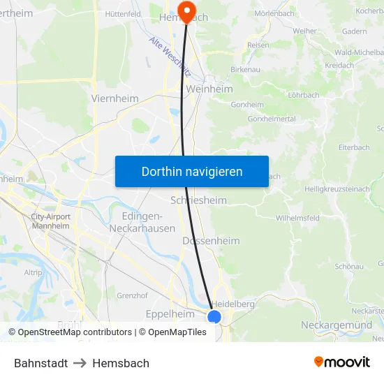 Bahnstadt to Hemsbach map