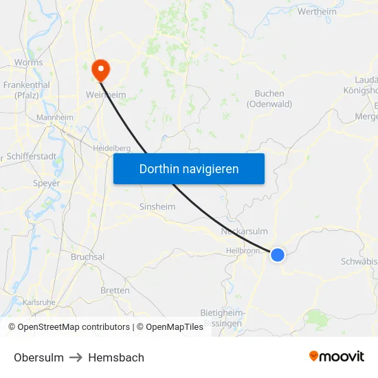 Obersulm to Hemsbach map