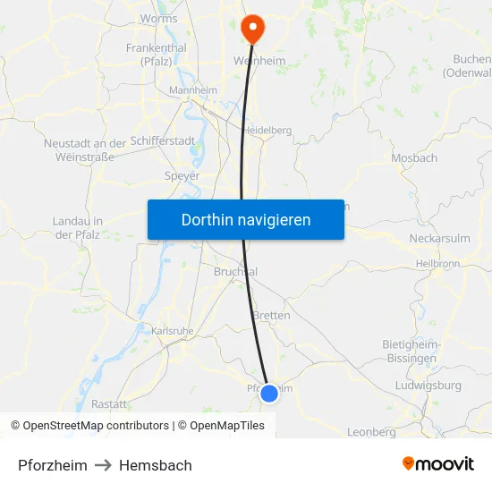 Pforzheim to Hemsbach map