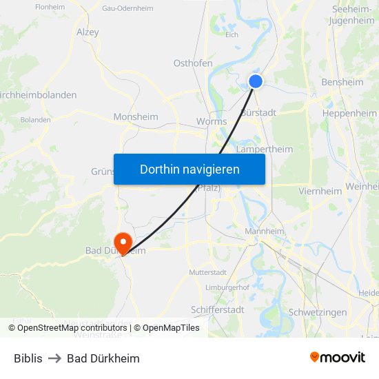 Biblis to Bad Dürkheim map