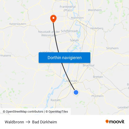Waldbronn to Bad Dürkheim map