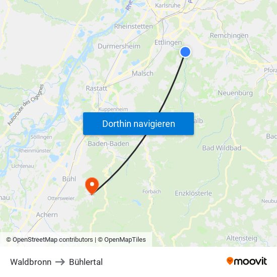Waldbronn to Bühlertal map