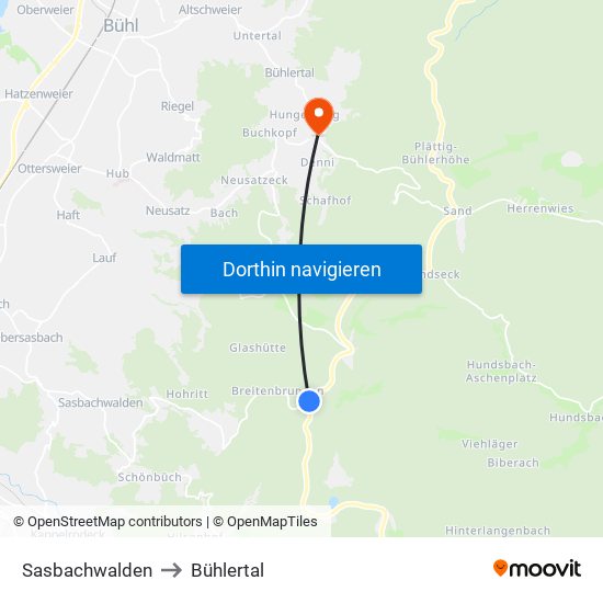 Sasbachwalden to Bühlertal map