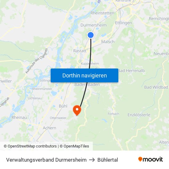Verwaltungsverband Durmersheim to Bühlertal map