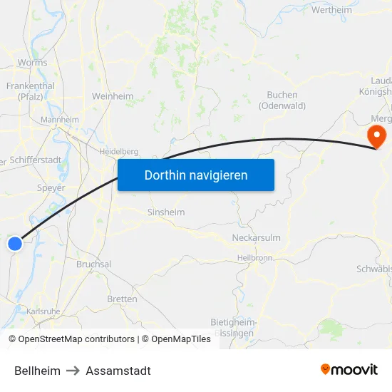 Bellheim to Assamstadt map