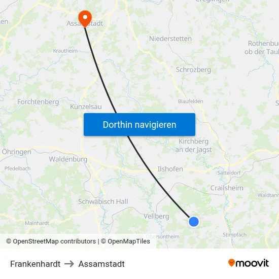 Frankenhardt to Assamstadt map