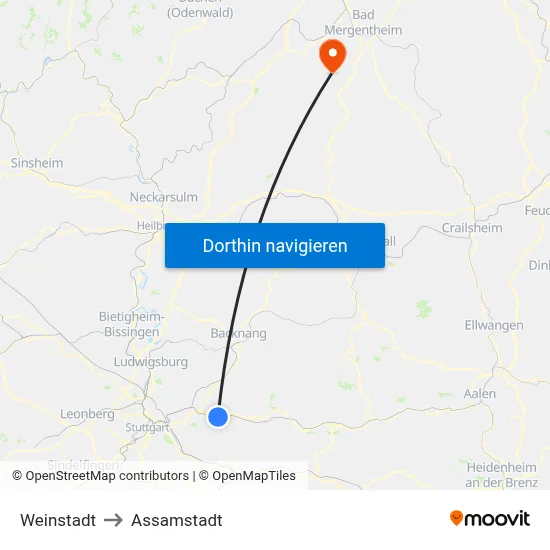 Weinstadt to Assamstadt map