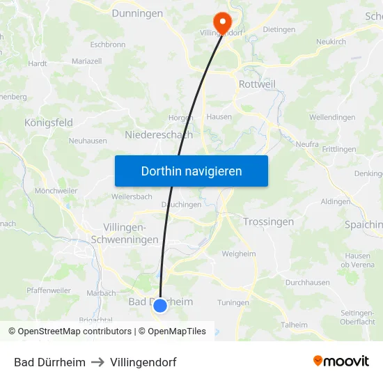 Bad Dürrheim to Villingendorf map