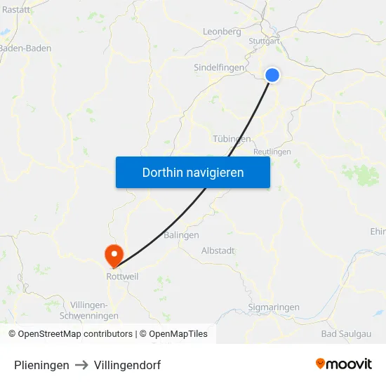 Plieningen to Villingendorf map