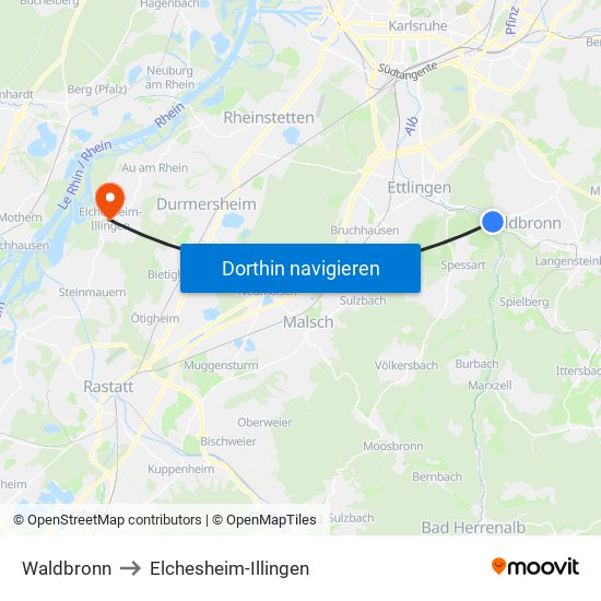 Waldbronn to Elchesheim-Illingen map
