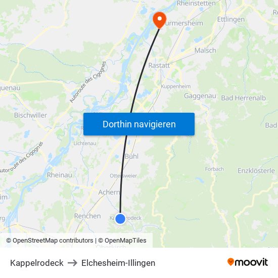 Kappelrodeck to Elchesheim-Illingen map
