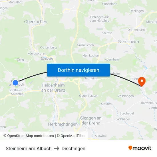 Steinheim am Albuch to Dischingen map