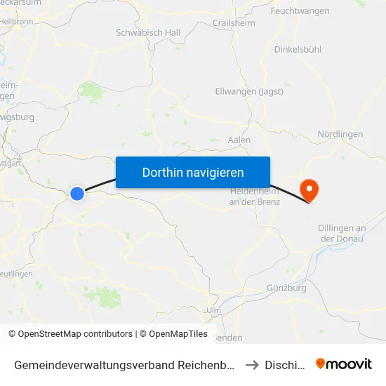 Gemeindeverwaltungsverband Reichenbach An Der Fils to Dischingen map