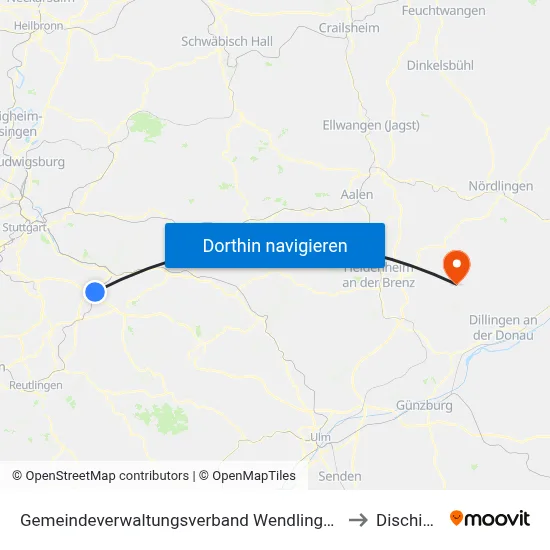 Gemeindeverwaltungsverband Wendlingen am Neckar to Dischingen map