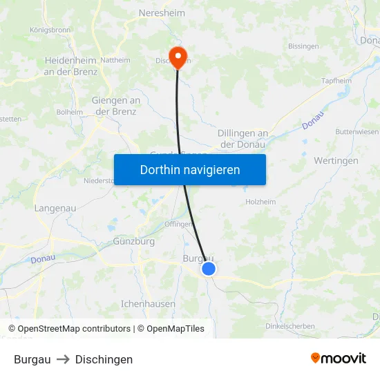 Burgau to Dischingen map