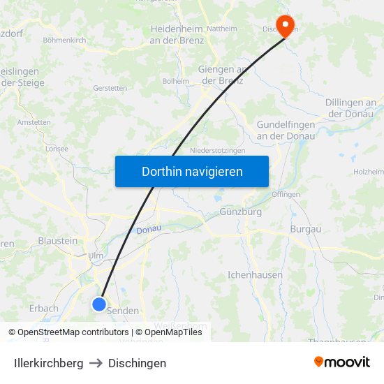 Illerkirchberg to Dischingen map
