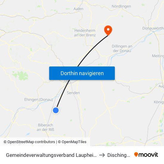 Gemeindeverwaltungsverband Laupheim to Dischingen map