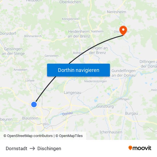 Dornstadt to Dischingen map