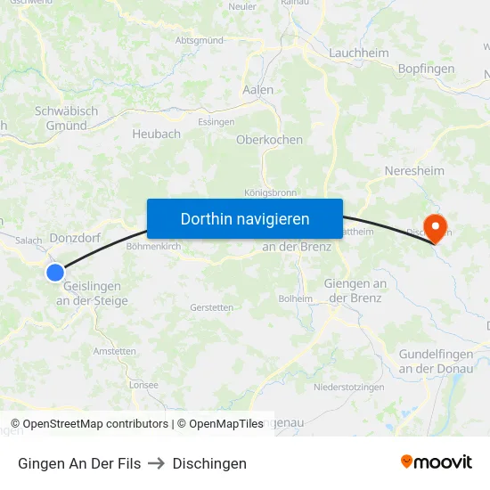 Gingen An Der Fils to Dischingen map