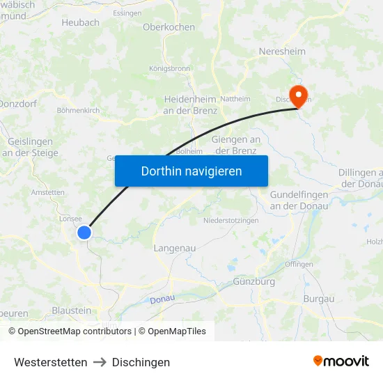 Westerstetten to Dischingen map