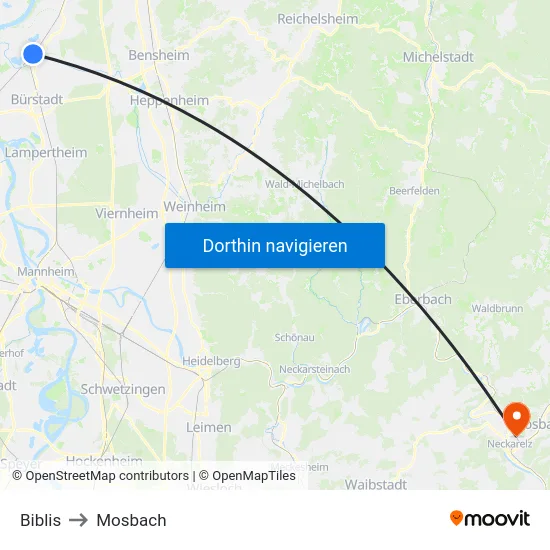 Biblis to Mosbach map