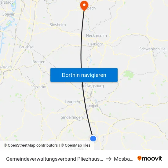 Gemeindeverwaltungsverband Pliezhausen to Mosbach map