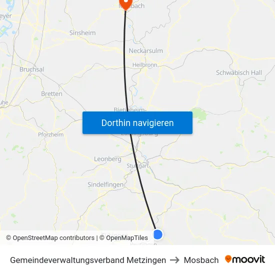 Gemeindeverwaltungsverband Metzingen to Mosbach map
