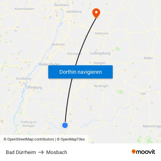 Bad Dürrheim to Mosbach map