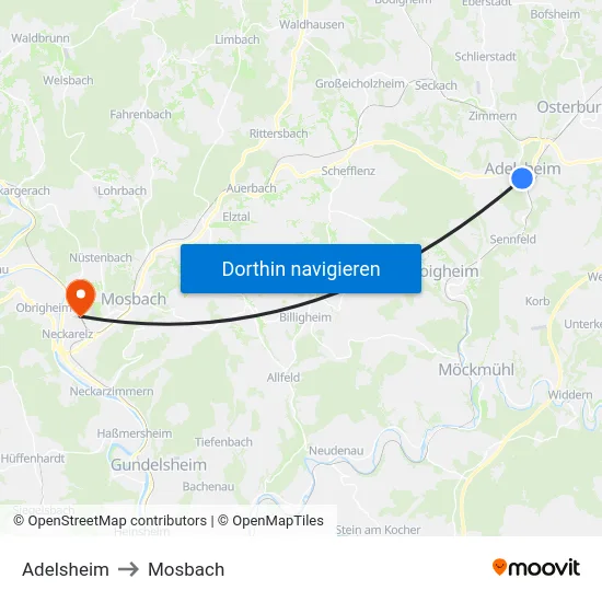 Adelsheim to Mosbach map