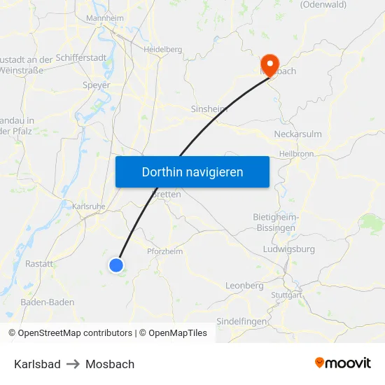 Karlsbad to Mosbach map