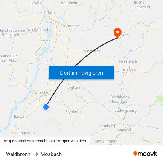 Waldbronn to Mosbach map