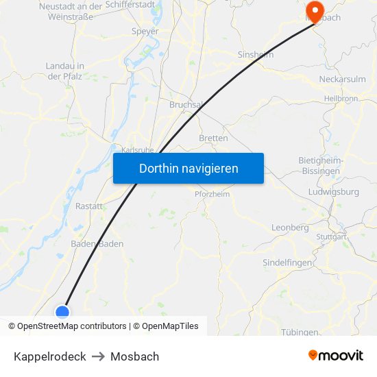 Kappelrodeck to Mosbach map