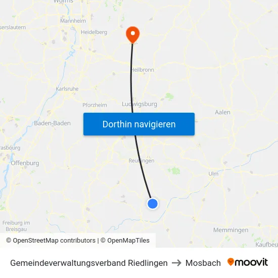 Gemeindeverwaltungsverband Riedlingen to Mosbach map