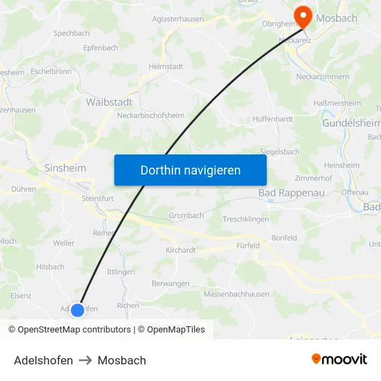 Adelshofen to Mosbach map