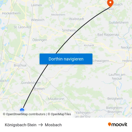 Königsbach-Stein to Mosbach map