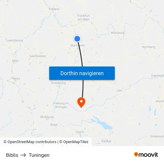 Biblis to Tuningen map