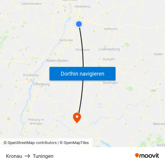 Kronau to Tuningen map