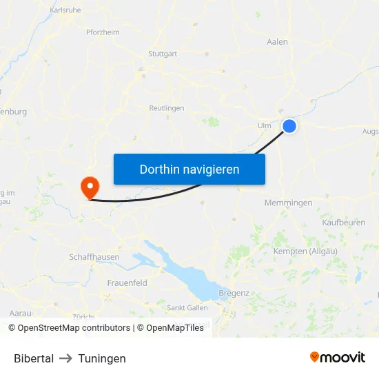 Bibertal to Tuningen map