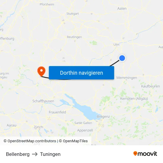 Bellenberg to Tuningen map