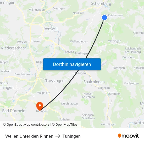 Weilen Unter den Rinnen to Tuningen map
