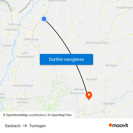 Sasbach to Tuningen map