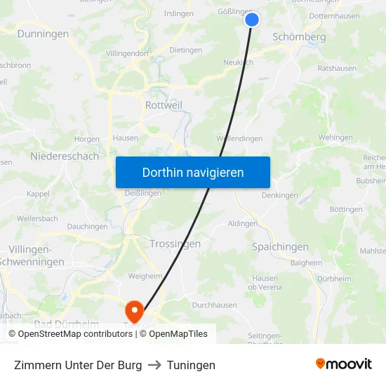 Zimmern Unter Der Burg to Tuningen map