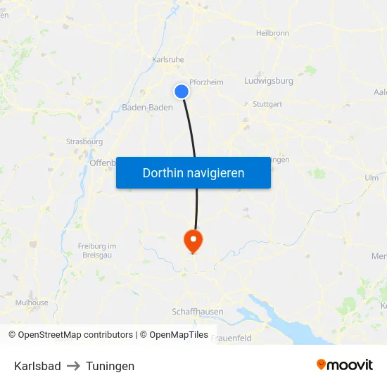 Karlsbad to Tuningen map